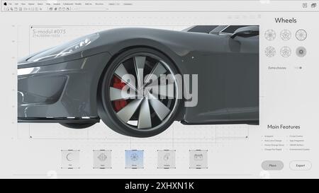 Light Interface Mockup di software CAD professionale per computer con modifica del progetto di un'auto sportiva. Modello di futuristico Super Car Electric Vehicle. Concentrarsi sulle diverse opzioni di progettazione dei cerchi. Rendering 3D. Foto Stock