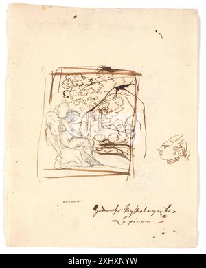 Un disegno di un genio alato seduto con alberi sullo sfondo e una testa caricaturata sul lato destro. Foto Stock