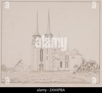 Roskilde Cathedral Set from Southwest Hoffmann, Georg 1807 - 1876, Lund, Troels 1802 - 1867, Kunstforeningen 1824 Etching, Print Roskilde Domkirke Set fra sydvest Foto Stock