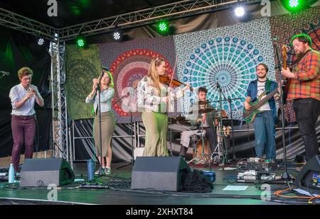 Il gruppo folk di Birmingham Juniper, che si esibisce dal vivo sul palco del 2024 Gate to Southwell Music Festival, Inghilterra. Foto Stock