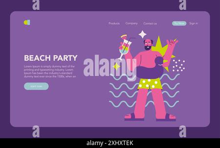 Concetto di festa. Uomo che si gode una vivace festa sulla spiaggia, sorseggiando un drink tropicale, con elementi festivi e onde dell'oceano. Tema festeggiamenti e divertimento estivo. Illustrazione vettoriale. Illustrazione Vettoriale