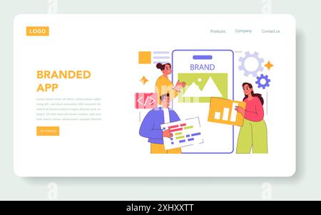 Concetto di app con marchio. Il team collabora a un'interfaccia per applicazioni mobili per l'identità del marchio, dimostrando efficienza e lavoro di squadra. Illustrazione vettoriale. Illustrazione Vettoriale