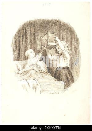 Bambina mostra una gabbia per uccelli a un bambino più piccolo in un letto Frølich, Lorenz 1820 - 1908 disegnando Lorens Frölich: Fortegnelse over Kunstnerens Illustrationer, Raderinger m.m., Pietro Krohn, nr. 226, 1612, 1900. Frølichs franske billedbøger: Mlle Lili i impressionisternes verden, Hanne Westergaard, 40191, 1966 Lille Pige viser et fuglebur til mindre dreng i en seng Foto Stock