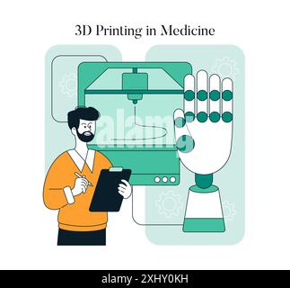 Informazioni sulla stampa 3D in medicina. Un'illustrazione che ritrae un uomo che usa la tecnologia per stampare una mano protesica. Innovazione in grado di soddisfare le esigenze sanitarie. Illustrazione vettoriale. Illustrazione Vettoriale