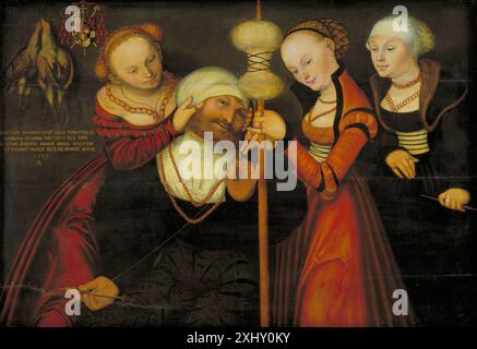 Un dipinto raffigurante la scena mitologica di Ercole con Omphale, creato da Lucas Cranach il Vecchio e Lucas Cranach il giovane, che riflette lo stile artistico, la composizione e l'iconografia rinascimentale. Foto Stock