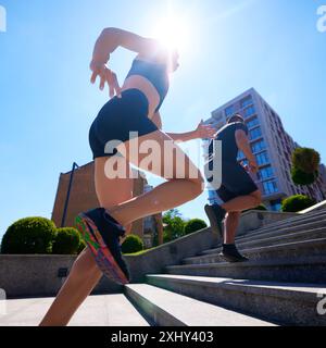 Due atleti, giovani uomini e donne, si impegnano in un vigoroso allenamento di corsa su scale nel paesaggio urbano nelle giornate estive. Foto Stock