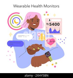 Il concetto di medicina del futuro. Una donna utilizza uno smartwatch per monitorare gli indicatori di stato con grafica e notifiche. Integrazione digitale dell'assistenza sanitaria. Illustrazione vettoriale. Illustrazione Vettoriale