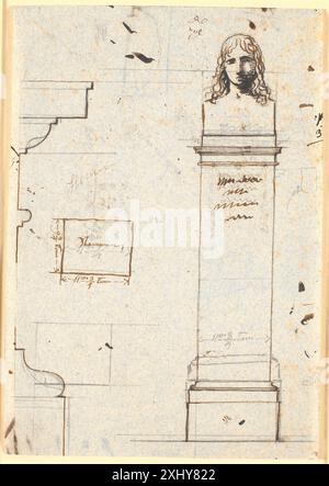 Disegno architettonico di Nicolai Abildgaard che mostra un disegno di monumento con un busto di un giovane uomo con riccioli, identificato come Raffaello. Lo schizzo comprende gli studi di elevazione, sezione orizzontale e profilo. Foto Stock
