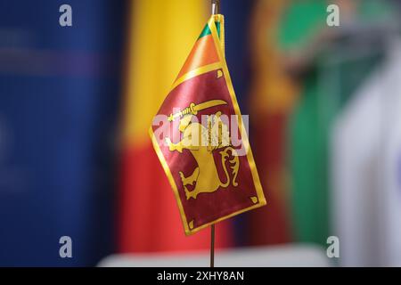 Bandiera dello Sri Lanka su un piccolo palo dorato su un tavolo di legno durante un evento diplomatico Foto Stock