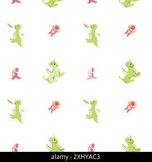 Simpatici draghi per bambini con un personaggio fiabesco e divertente. Sfondo infantile senza cuciture con animali fantasiosi e casa o castello. Asilo nido, ragazzi de Illustrazione Vettoriale