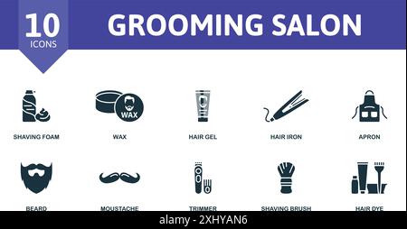 Set di icone del salone di bellezza. Schiuma da barba, cera, gel per capelli, ferro da stiro, grembiule, icone barba, baffi, rifinitore, spazzola da barba, tintura per capelli. Illustrazione Vettoriale