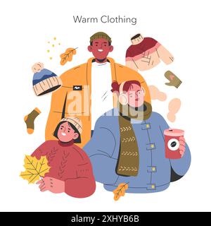 Benvenuto in autunno. Tre persone in un abbigliamento stagionale che si godono l'autunno, circondate da accessori autunnali. Intimo outfit alla moda per le giornate più fredde. Illustrazione vettoriale. Illustrazione Vettoriale