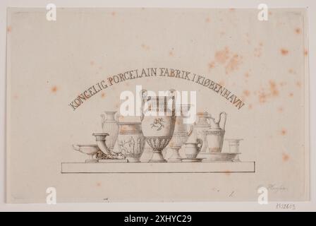 Vignet to the Royal Porcelain Factory Copenhagen Hansen, Hans Christian 1803 - 1883 incisione, Print Dødsboauktioner samt eventuelt andre auktioner, danske. Volo aereo Ordnet. Mappe 96. Begyndelsesbogstaver: Kro, Ubekendt, KR. aukt. n. 888. 'Dødsboet efter Professor, Medailleur F. C. KROHN. Mandag d. 12. Novbr. 1883 og følgende Dage', C 40275 auk, [s.a.] Vignet til Den Kongelige Porcelænsfabrik København Foto Stock