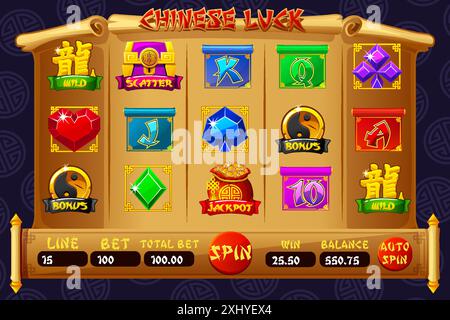 Interfaccia utente completa per slot game. Gioco del casinò a tema cinese. L'interfaccia utente del gioco è in stile cartone animato con pulsanti di base e simboli a 12 slot Illustrazione Vettoriale