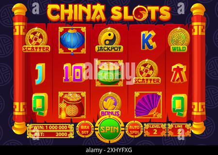 Interfaccia utente completa per slot game. Gioco del casinò a tema cinese. Set di simboli a 12 fessure. L'interfaccia utente del gioco è in stile cartone animato con pulsanti di base Illustrazione Vettoriale