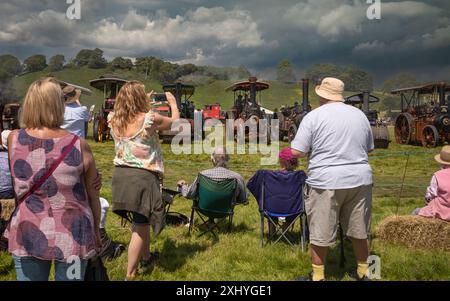 Storrington / UK - 13 luglio 2024: Gli spettatori guardano i motori di trazione a vapore e i rulli a vapore al Sussex Steam Rally. Foto Stock