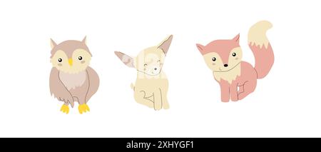 Adorabili animali autunnali e cuccioli. Pacchetto di animali domestici in colori pastello. Stile scandinavo. Illustrazione Vettoriale