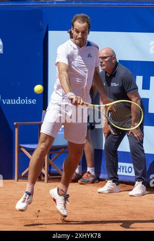 Gstaad Svizzera, 07 16 2024: Richard Gasquet (fra) in azione durante l'EFG Swiss Open. Durante l'EFG Gstaad Swiss Open ATP 250, partita internazionale di tennis a Gstaad, Svizzera, 16 luglio 2024 Foto Stock