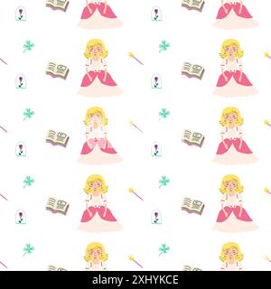 Fiaba per i bambini con principessa e castello. Simpatico scenario della clipart del mondo fantastico. Fantasia magica infantile con personaggi dei cartoni animati. Illustrazione Vettoriale