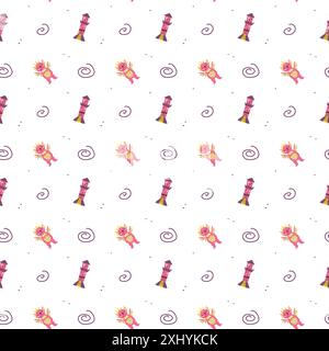 Simpatici draghi per bambini con un personaggio fiabesco e divertente. Sfondo infantile senza cuciture con animali fantasiosi e casa o castello. Asilo nido, ragazzi de Illustrazione Vettoriale