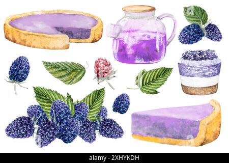 Torta di BlackBerry, set con torta, tè di blackberry, torta, fetta di torta, illustrazione ad acquerello disegnata a mano di dessert con more e foglie verdi e. Foto Stock