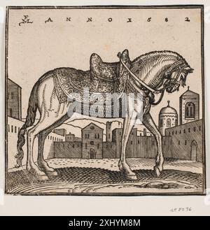 Elegante cavallo cieco, profilo verso destra, in uno spazio rettangolare Lorck, Melchior 1526 - 1583 Woodcut, Print die Monogrammisten und die jenigen bekannten und unbekannten Künstler aller Schulen, welche sich zur Bezeichnung ihrer Werke eines figürlichen Zeichens, der Initialen des namens, der Abbreviatur desselben & c. Bedient haben, G. K. Nagler, 93, 2298, 1858-1879. Melchior Lorichs: Ein Beitrag zur deutschen Kunstgeschichte des 16. Jahrhunderts, Hans Harbeck, 90, 8050, 1911. Melchior Lorck, Erik Fischer, la pubblicazione turca n.. 88, C 46095, 2009 Elegant opsadlet hest, profil mod Højre, Foto Stock