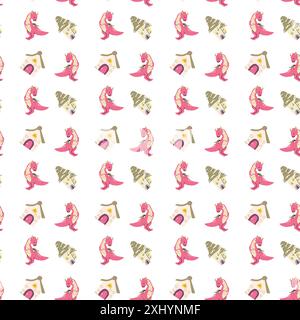 Simpatici draghi per bambini con un personaggio fiabesco e divertente. Sfondo infantile senza cuciture con animali fantasiosi e casa o castello. Asilo nido, ragazzi de Illustrazione Vettoriale