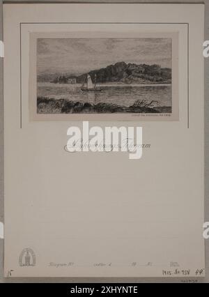 Un'incisione di Axel Holm che raffigura la vista da Hindsgavl verso Fænø, mostrando il paesaggio costiero, l'acqua e le forme del terreno lontane. Foto Stock