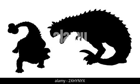 Il disegno nero della silhouette del dinosauro predatore Carnotaurus attacca l'Ankylosaurus. La battaglia dei dinosauri. Disegno con animali preistorici. Foto Stock