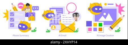Concetto di intelligenza artificiale mobile. Attività come riepiloghi, comunicazioni e-mail e creazione di immagini semplificate con la tecnologia ai. Diverse applicazioni nella tecnologia quotidiana. Illustrazione vettoriale. Illustrazione Vettoriale