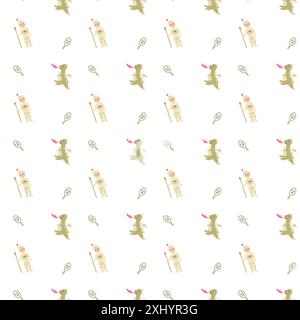 Simpatici draghi per bambini con un personaggio fiabesco e divertente. Sfondo infantile senza cuciture con animali fantasiosi e casa o castello. Asilo nido, ragazzi de Illustrazione Vettoriale