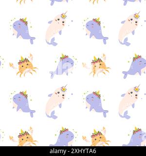 Simpatico motivo unicorno senza cuciture per il tessuto. Sfondo dei personaggi magici infantili. Fata e fantasia magica per i bambini. Illustrazione Vettoriale