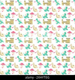 Simpatici draghi per bambini con un personaggio fiabesco e divertente. Sfondo infantile senza cuciture con animali fantasiosi e casa o castello. Asilo nido, ragazzi de Illustrazione Vettoriale