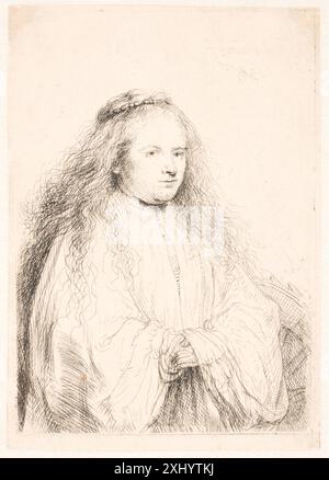 Un'incisione di Rembrandt raffigurante Saskia come Santa Catarina, conosciuta come la piccola Sposa ebraica, che mostra il suo abbigliamento, la posa e le caratteristiche del viso in un'incisione dettagliata. Foto Stock