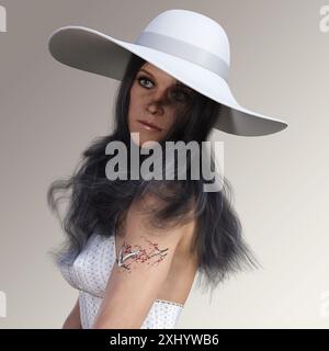 ritratto di una signora vestita elegantemente. ha lunghi capelli neri e indossa un abito bianco a spalla e un cappello bianco con un'ampia spalla. Foto Stock