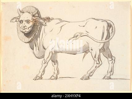 Disegno di Nicolai Abildgaard che mostra una caricatura di una figura clericale raffigurata come un toro con un volto umano e un collare a pipa, combinando satira e forma antropomorfica. Foto Stock