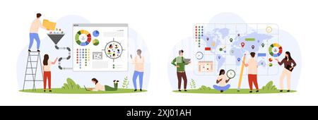 Gruppo di analisi sociologia, popolazione globale e interazione. Le piccole persone ricercano le statistiche e la struttura della società con mappa e imbuto, grafici infografici dei risultati delle indagini illustrazioni vettoriali dei cartoni animati Illustrazione Vettoriale