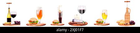 Set di bevande, tra cui birra, vino, bibite analcoliche e cocktail con hamburger e spuntini Foto Stock