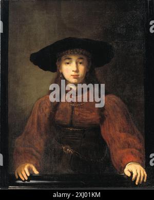 Una giovane donna che riposa le mani sulla cornice Rembrandt van Rijn (værksted) 1606 - 1669, Rembrandt van Rijn 1606 - 1669 Pittura Rembrandt?: Il maestro e la sua bottega, Lene Bøgh Rønberg, kat. 57, pag. 278-279 (afb.), pag. 87, 2006-021, 2006. DET kongelige danske Kunstkammer 1737, Bente Gundestrup, vol. I: Pag. 30 nr. 645/66-67 ill., 91-342, 1991. Billeder af Rembrandt og hans Elever i den kgl. Malerisamling København, Karl Madsen, p. 30, 40, C 1627 mb, 1911 Una giovane donna che riposa le mani sul Picture Frame Foto Stock