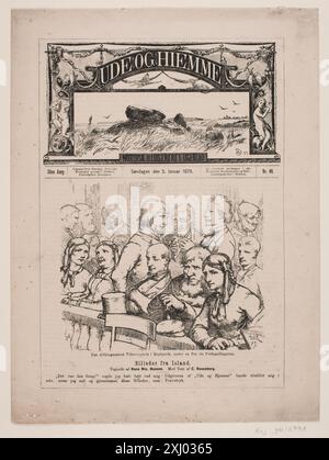 Stampa xilografica che mostra la vista interna dell'altare con dettagli architettonici, figure e mobili, creati da Robert Neergaard e Hans Nikolaj Hansen. Foto Stock