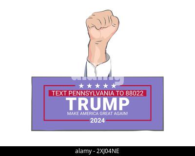 2024 Donald Trump Campaign Emblem e l'icona del pugno e del gesto della mano. Isolato su sfondo bianco Foto Stock