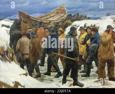 La scialuppa di salvataggio viene condotta attraverso le dune di Ancher, Michael 1849 - 1927 Pittura Michael Ancher og det moderne gennembrud 1880-1890: en hel art ny billeder og bedre billeder fik overhaand=en hel art ny billeder og bedre billeder fik overhånd, Elisabeth Fabritius, afb. p. 111 fig. 103 f), pag. 11-13 (komposition, reception), 2000-042, 1999. Lysets malere: nordisk malerkunst fra klassicisme til modernisme, Bengt-Arne Person, omt. pag. 37, 2000-393, 1999. L'anima del Nord: Una storia sociale, architettonica e culturale dei paesi nordici, 1700-1940, Neil Kent, afb. p. 176 fig. 23 (s/h), omt. p.. Foto Stock