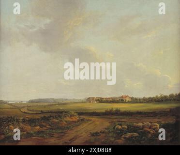 Un dipinto di paesaggio di Johan Christian Dahl (1788-1857) che mostra Engelholm a Præstø in Zelanda, Danimarca, raffigurante edifici immobiliari, giardini circostanti e paesaggi naturali. Foto Stock