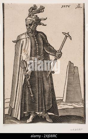 Una scolpita frontale di Lorck raffigurante un soldato completamente rivestito che tiene in mano destra una mazza da battaglia, un martello da guerra a sinistra, con speroni sui tacchi. Foto Stock