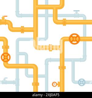 Background industriale con pipeline. Tubazioni per olio, acqua o gas con raccordi e valvole. Paterna perfetta Illustrazione Vettoriale