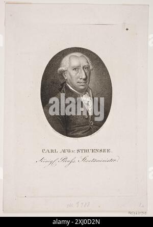 Carl August Struensee von Carlsbach Haas, meno 1752 - 1833, Lauer, Nikolaus 1753 - 1823 incisione in rame, Print Samlinger til en beskrivende Catalog Over Portraiter af Danske, Norske og Holstenere, A. Strunk, Nr. 2804, 2303, 1865-1882. Danske portrætter i kobberstik, litografi og træsnit: en beskrivende fortegnelse, P.B.C. Westergaard, Nr. 11512, C 3997:1-2 da, 1930-1933 Carl August Struensee von Carlsbach Foto Stock