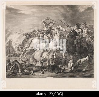 Equestrian Fighting Preisler, Johan Martin 1715 - 1794, Parrocel, Charles 1688 - 1752 Copper Engraving, Print Neues allgemeines Künstlerlexicon: oder Nachrichten von dem Leben und Werken der Maler, Bildhauer, Baumeister, Kupferstecher, Formschneider, litografia, Zeichner, Medailleure, Elfenbeinarbeiter, ecc., G. K. Nagler, n. 42, D 6331, 1835-1852. Manuel de l'amateur d'estampes, Charles le Blanc, nr. 49, C 35580, 1854-[1890] Rytterfægtning Foto Stock