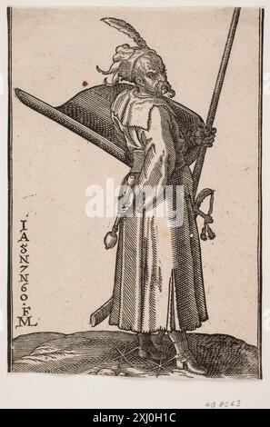 Incisione su legno di Melchior Lorck raffigurante un soldato Akinci in piedi di profilo, che tiene una squadra di battaglia nella mano destra, una lancia a sinistra, uno scudo sul braccio sinistro e una spada sul lato sinistro, XVI secolo. Foto Stock