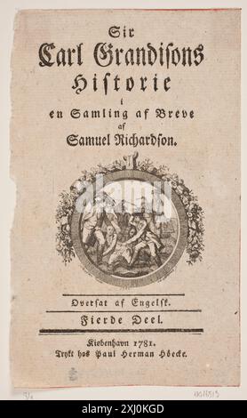 Vignet to 'Sir Carl Grandison's History', quarta parte, di Samuel Richardson, Copenhagen 1780 Støttrup, Andreas 1754 - 1811, Pauelsen, Erik 1749 - 1790 incisione, Print Samlinger til en beskrivende Fortegnelse over danske kobberstik, raderinger, illustratore m., Frederik G. Krohn, 981, d 3448, 1889 Vignet til 'Sir Carl Grandisons Historie', 4. Del, af Samuel Richardson, København 1780 Foto Stock