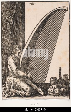 Xilografia di Melchior Lorck raffigurante un arpista che suona un'arpa, mostrando postura musicale, dettagli dello strumento e rappresentazione della figura, 1526-1583. Foto Stock